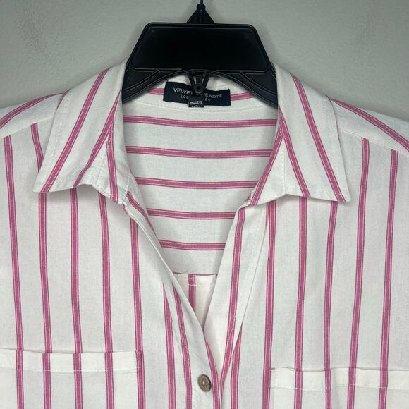 Velvet Hearts Linen Camp Shirt Womens L Stripe Short Sleeve Button Up Preppy - Picture 2 of 10
